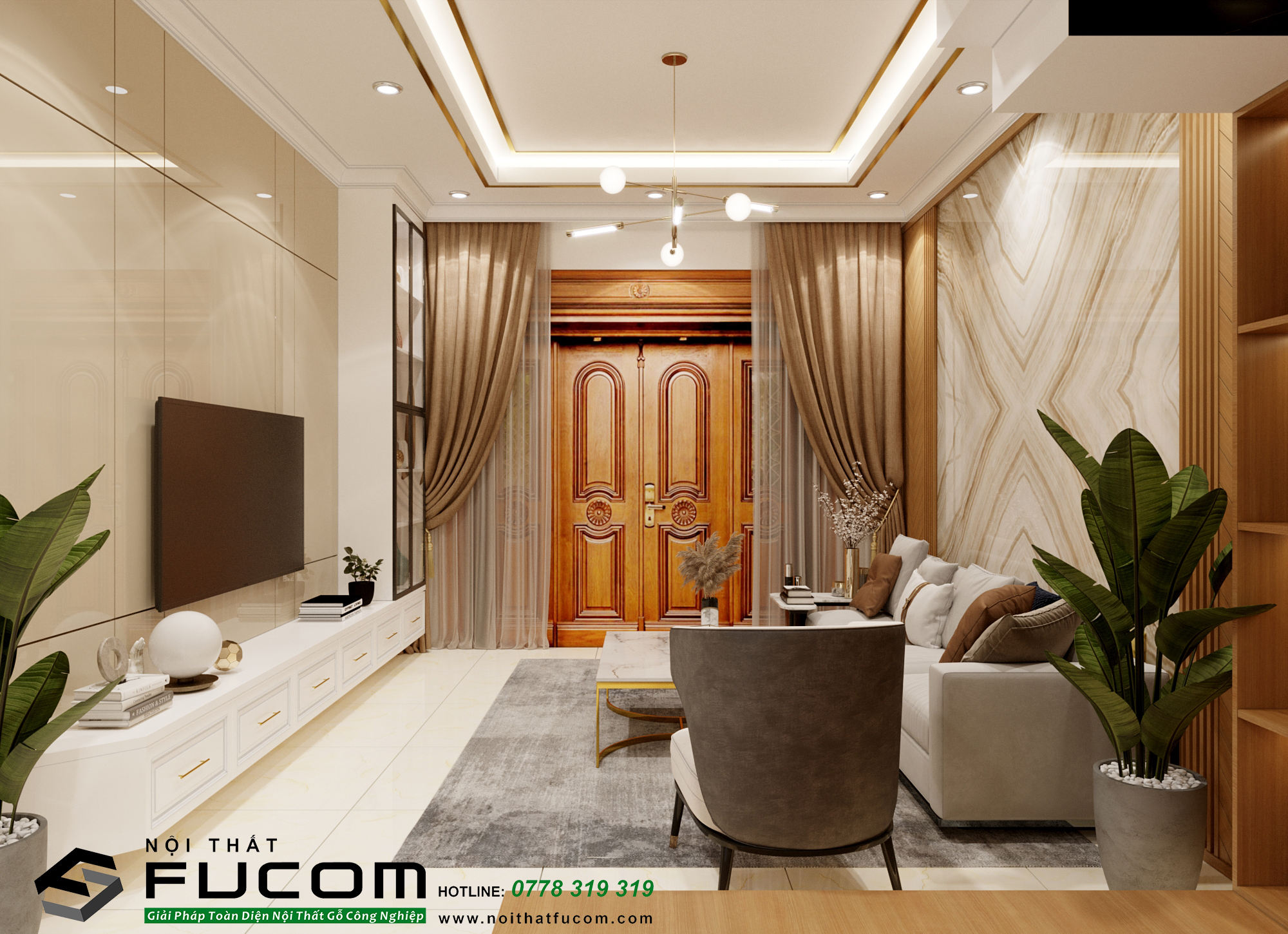 Phòng khách có các chi tiết inox mạ vàng tạo điểm nhấn sang trọng và xuyên suốt cho toàn bộ không gian